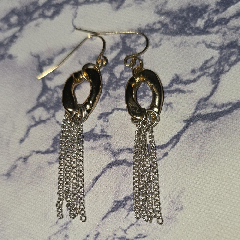 Gold and Silver Dangle Chain Tassel Earrings